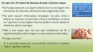 Os caps 13 e 14 tratam de doenças de pele, inclusive a lepra.
Os fungos exercem um papel valiosíssimo na reciclagem dos
elementos da natureza, desmanchando (digerindo) tudo.
Na pele causam inflamações (impinge); nos pés, virília e
dobras as micoses; na base das unhas a candidíase; na boca
os "sapinhos“ e nos órgãos internos podem crescer desde os
intestinos até às meninges.
Não é por acaso que nas leis que recebemos no AT a
regulamentação sobre fungos é a mais extensa entre todas.
Fungos nas leis?
R. A confusão existe por uma questão semântica: a palavra
"lepra" significa mancha.
Esperança ambiental:
fungo amazônico que
come plástico pode
solucionar problemas
de lixo.
Hypescience 02.02.12
 