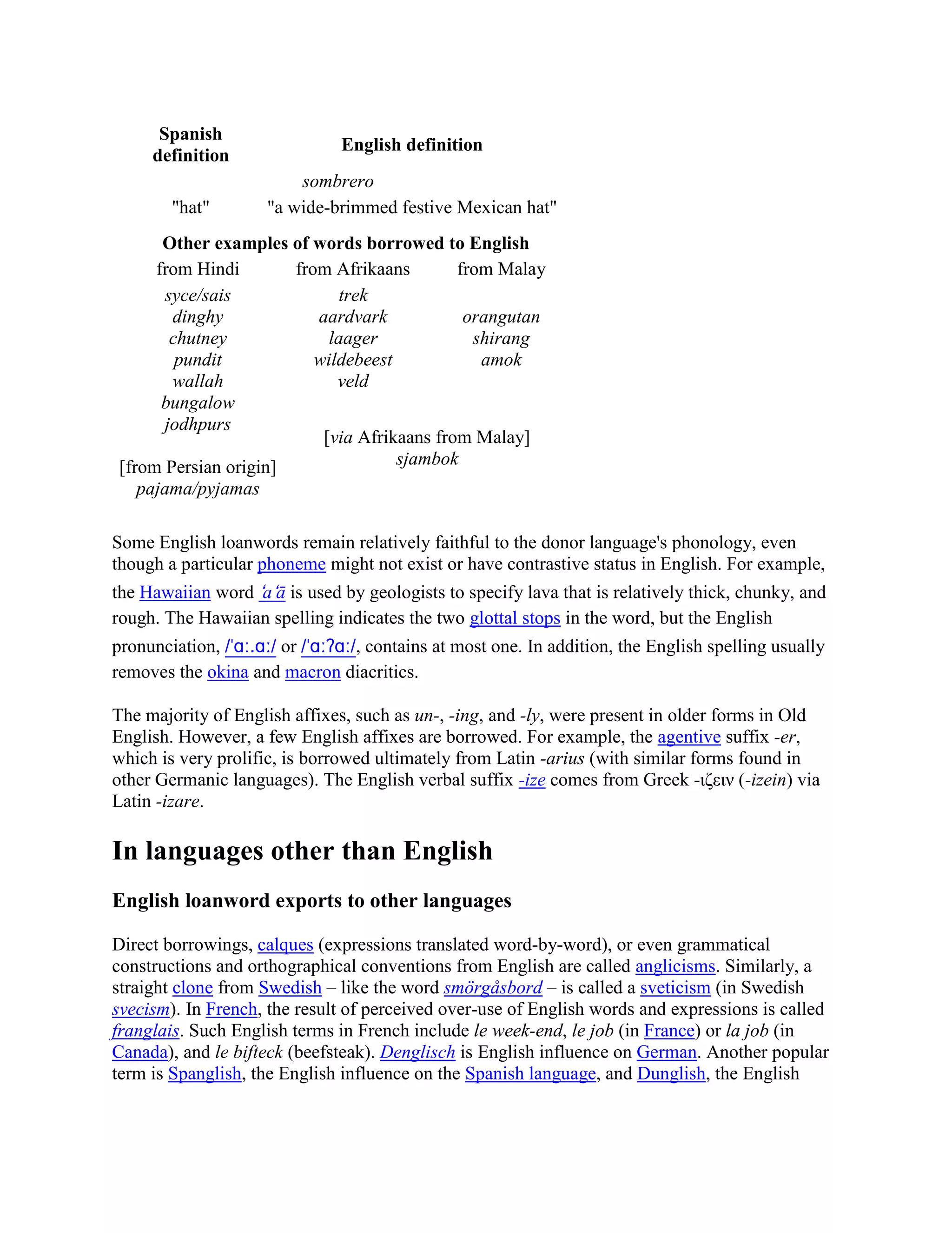 Spanish
                                English definition
     definition
                         sombrero
        "hat"        "a wide-brimmed festive Mexican hat"
      Other examples of words borrowed to English
     from Hindi       from Afrikaans        from Malay
      syce/sais              trek
       dinghy            aardvark            orangutan
       chutney             laager             shirang
        pundit           wildebeest            amok
       wallah               veld
      bungalow
      jodhpurs
                          [via Afrikaans from Malay]
[from Persian origin]               sjambok
   pajama/pyjamas

Some English loanwords remain relatively faithful to the donor language's phonology, even
though a particular phoneme might not exist or have contrastive status in English. For example,
the Hawaiian word ʻaʻā is used by geologists to specify lava that is relatively thick, chunky, and
rough. The Hawaiian spelling indicates the two glottal stops in the word, but the English
pronunciation, /ˈɑː.ɑː/ or /ˈɑːʔɑː/, contains at most one. In addition, the English spelling usually
removes the okina and macron diacritics.

The majority of English affixes, such as un-, -ing, and -ly, were present in older forms in Old
English. However, a few English affixes are borrowed. For example, the agentive suffix -er,
which is very prolific, is borrowed ultimately from Latin -arius (with similar forms found in
other Germanic languages). The English verbal suffix -ize comes from Greek -ιζειν (-izein) via
Latin -izare.

In languages other than English
English loanword exports to other languages

Direct borrowings, calques (expressions translated word-by-word), or even grammatical
constructions and orthographical conventions from English are called anglicisms. Similarly, a
straight clone from Swedish – like the word smörgåsbord – is called a sveticism (in Swedish
svecism). In French, the result of perceived over-use of English words and expressions is called
franglais. Such English terms in French include le week-end, le job (in France) or la job (in
Canada), and le bifteck (beefsteak). Denglisch is English influence on German. Another popular
term is Spanglish, the English influence on the Spanish language, and Dunglish, the English
 