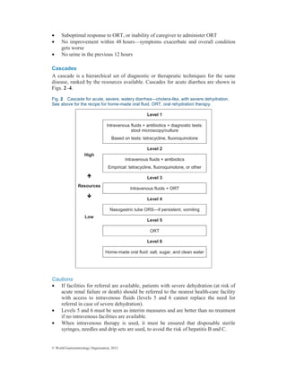 © World Gastroenterology Organisation, 2012
• Suboptimal response to ORT, or inability of caregiver to administer ORT
• No improvement within 48 hours—symptoms exacerbate and overall condition
gets worse
• No urine in the previous 12 hours
Cascades
A cascade is a hierarchical set of diagnostic or therapeutic techniques for the same
disease, ranked by the resources available. Cascades for acute diarrhea are shown in
Figs. 2–4.
Fig. 2 Cascade for acute, severe, watery diarrhea—cholera-like, with severe dehydration.
See above for the recipe for home-made oral fluid. ORT, oral rehydration therapy.
Level 1
Intravenous fluids + antibiotics + diagnostic tests:
stool microscopy/culture
Based on tests: tetracycline, fluoroquinolone
Level 2
Intravenous fluids + antibiotics
Empirical: tetracycline, fluoroquinolone, or other
Level 3
Intravenous fluids + ORT
Level 4
Nasogastric tube ORS—if persistent, vomiting
Level 5
ORT
Level 6
High
ÏÏÏÏ
Resources
ÐÐÐÐ
Low
Home-made oral fluid: salt, sugar, and clean water
Cautions
• If facilities for referral are available, patients with severe dehydration (at risk of
acute renal failure or death) should be referred to the nearest health-care facility
with access to intravenous fluids (levels 5 and 6 cannot replace the need for
referral in case of severe dehydration).
• Levels 5 and 6 must be seen as interim measures and are better than no treatment
if no intravenous facilities are available.
• When intravenous therapy is used, it must be ensured that disposable sterile
syringes, needles and drip sets are used, to avoid the risk of hepatitis B and C.
 