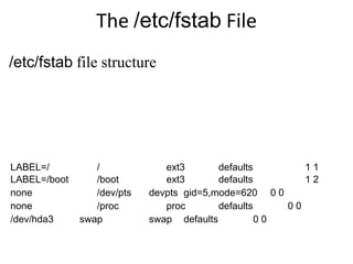 The /etc/fstab File
LABEL=/ / ext3 defaults 1 1
LABEL=/boot /boot ext3 defaults 1 2
none /dev/pts devpts gid=5,mode=620 0 0
none /proc proc defaults 0 0
/dev/hda3 swap swap defaults 0 0
/etc/fstab file structure
 