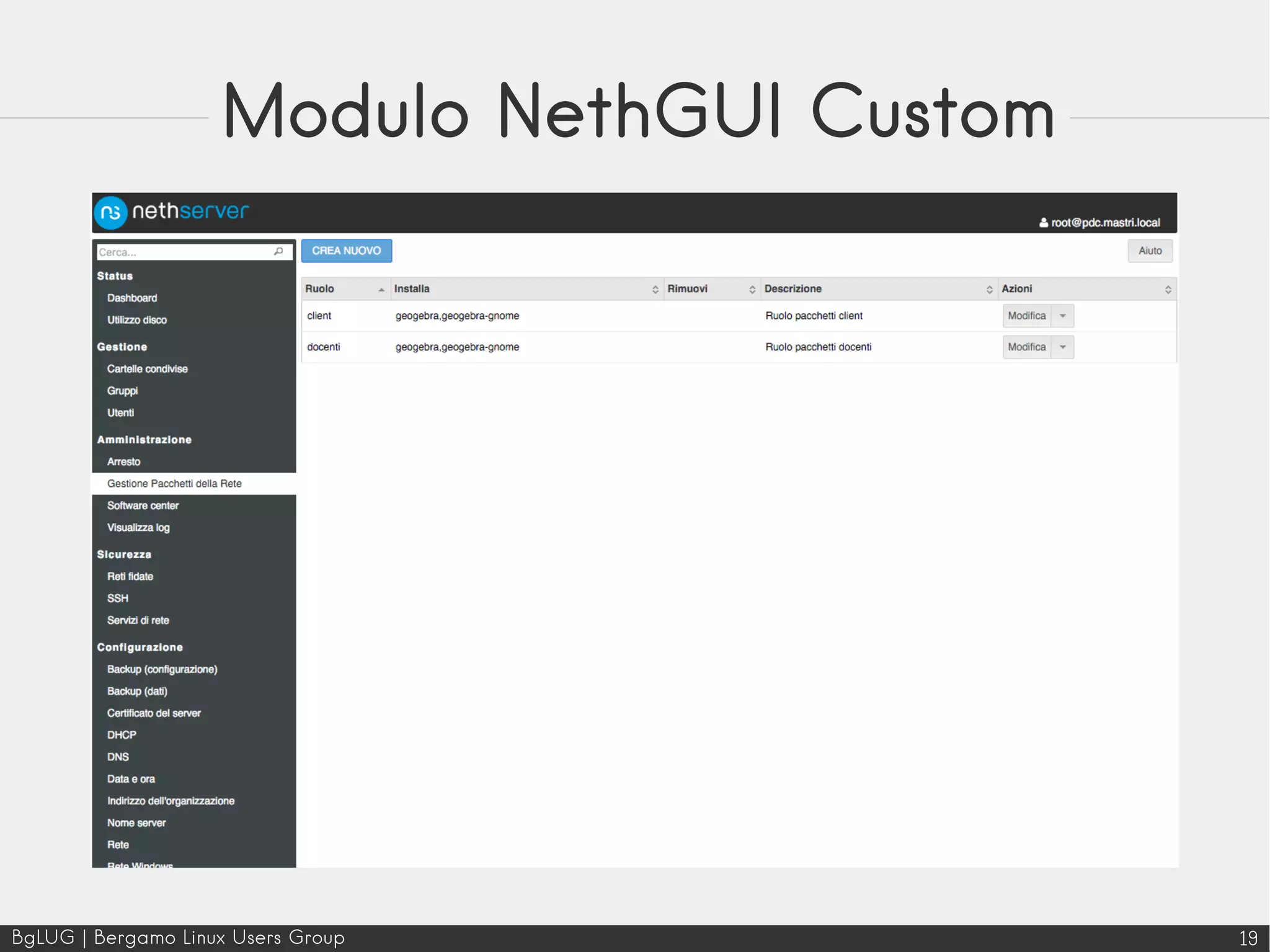BgLUG | Bergamo Linux Users Group 19
Modulo NethGUI Custom
 