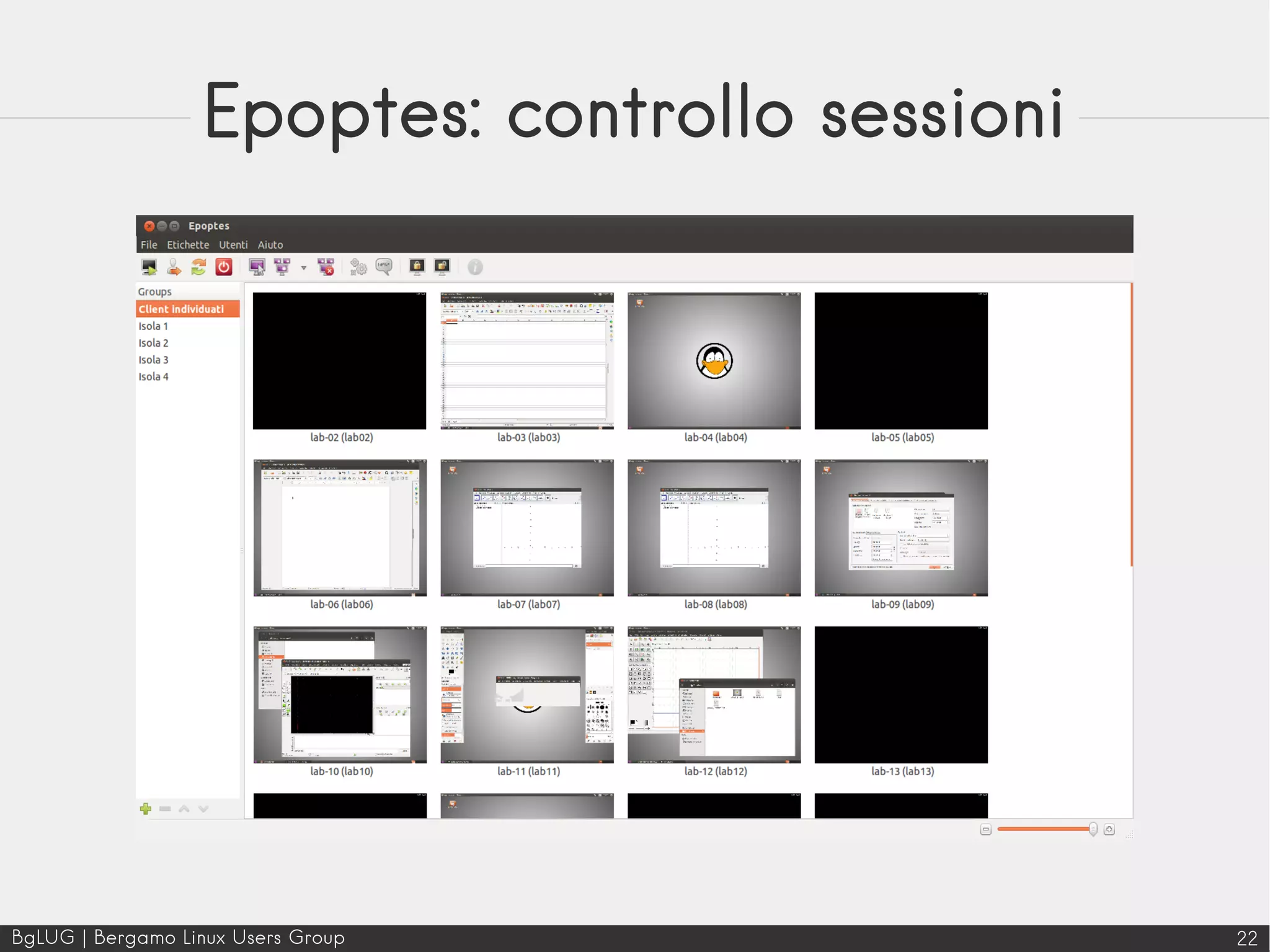 BgLUG | Bergamo Linux Users Group 22
Epoptes: controllo sessioni
 