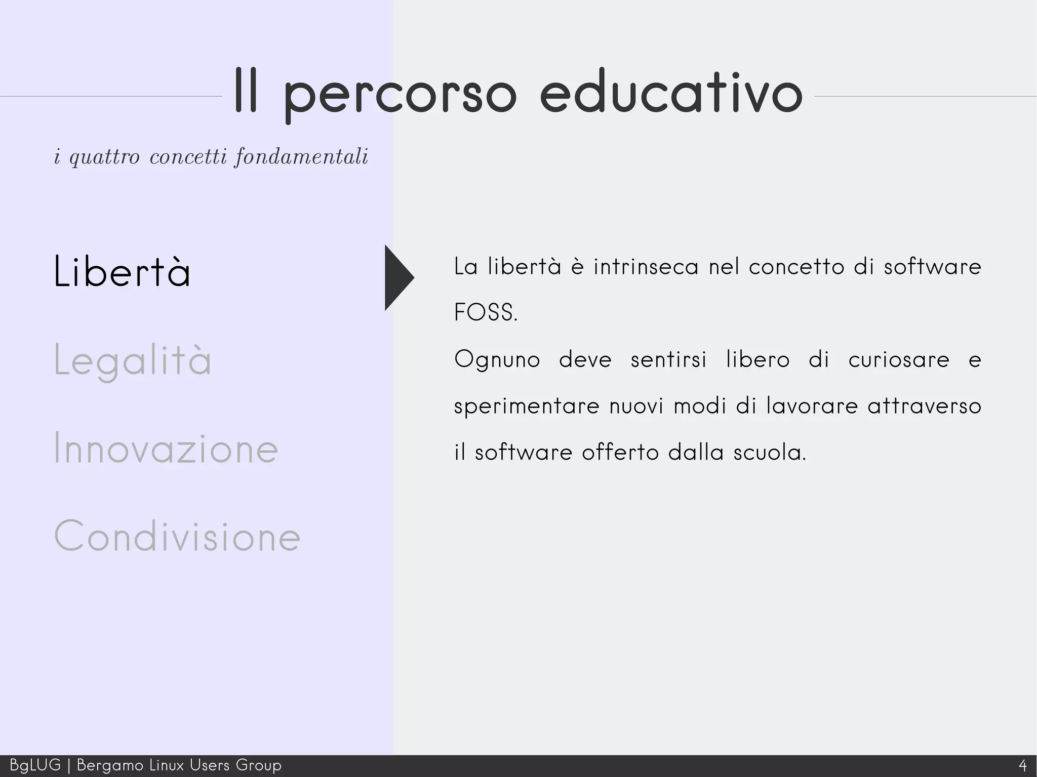 BgLUG | Bergamo Linux Users Group 4
Il percorso educativo
Libertà
Legalità
Innovazione
Condivisione
i quattro concetti fondamentali
La libertà è intrinseca nel concetto di software
FOSS.
Ognuno deve sentirsi libero di curiosare e
sperimentare nuovi modi di lavorare attraverso
il software offerto dalla scuola.
 