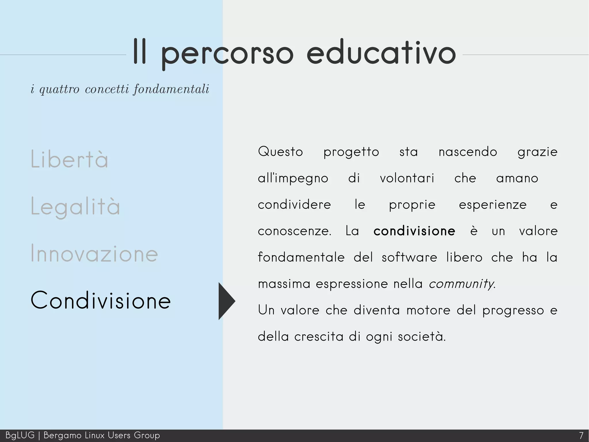 BgLUG | Bergamo Linux Users Group 7
Il percorso educativo
Libertà
Legalità
Innovazione
Condivisione
i quattro concetti fondamentali
Questo progetto sta nascendo grazie
all'impegno di volontari che amano
condividere le proprie esperienze e
conoscenze. La condivisione è un valore
fondamentale del software libero che ha la
massima espressione nella community.
Un valore che diventa motore del progresso e
della crescita di ogni società.
 