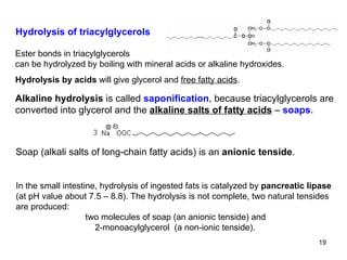 Hydrolysis of triacylglycerols Soap (alkali salts of long-chain fatty acids) is an  anionic tenside . Ester bonds in triacylglycerols can be hydrolyzed by boiling with mineral acids or alkaline hydroxides. Hydrolysis by acids  will give glycerol and  free fatty acids . Alkaline hydrolysis  is called  saponification , because triacylglycerols are converted into glycerol and the  alkaline salts of fatty acids   –  soaps . In the small intestine, hydrolysis of ingested fats is catalyzed by  pancreatic lipase (at pH value about 7.5 – 8.8). The hydrolysis is not complete, two natural tensides are produced:  two molecules of soap (an anionic tenside) and   2-monoacylglycerol  (a non-ionic tenside). 
