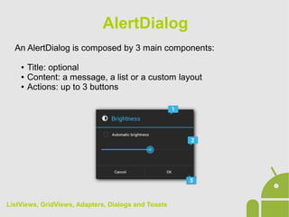 An AlertDialog is composed by 3 main components:
● Title: optional
● Content: a message, a list or a custom layout
● Actions: up to 3 buttons
AlertDialog
ListViews, GridViews, Adapters, Dialogs and Toasts
 