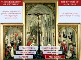 BAPTISM ANOINTING
MARRIAGE
HOLY ORDERS
CONFIRMATION
CONFESSION
The priest anoints the sick
person’s forehead and hands
with oil, praying the
prescribed words.
THE CELEBRATION
OF ANOINTING
The forgiveness of sins,
spiritual strength and healing.
THE EFFECTS OF
ANOINTING
 