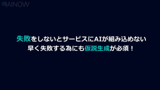 失敗をしないとサービスにAIが組み込めない
早く失敗する為にも仮説生成が必須！
 