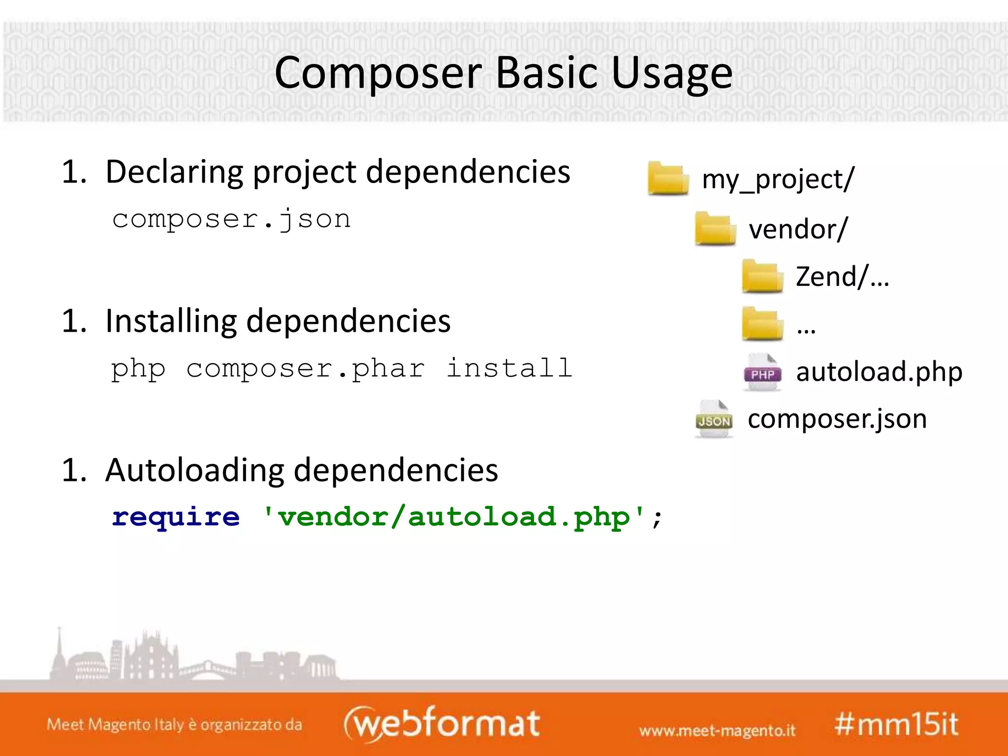 Composer Basic Usage
1. Declaring project dependencies
composer.json
1. Installing dependencies
php composer.phar install
1. Autoloading dependencies
require 'vendor/autoload.php';
vendor/
autoload.php
Zend/…
…
my_project/
composer.json
 
