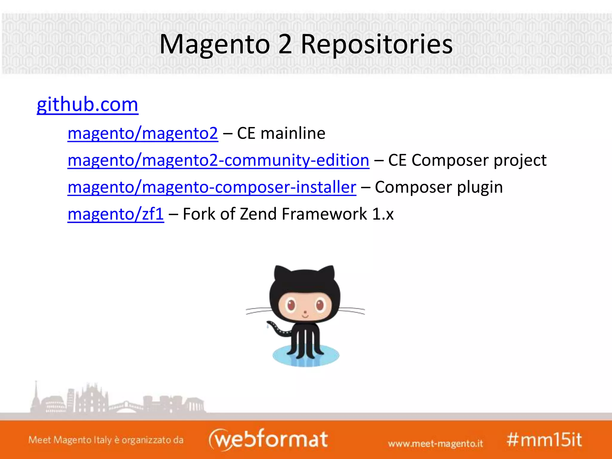 Magento 2 Repositories
github.com
magento/magento2 – CE mainline
magento/magento2-community-edition – CE Composer project
magento/magento-composer-installer – Composer plugin
magento/zf1 – Fork of Zend Framework 1.x
 