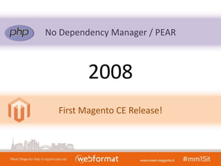 No Dependency Manager / PEAR
First Magento CE Release!
2008
 
