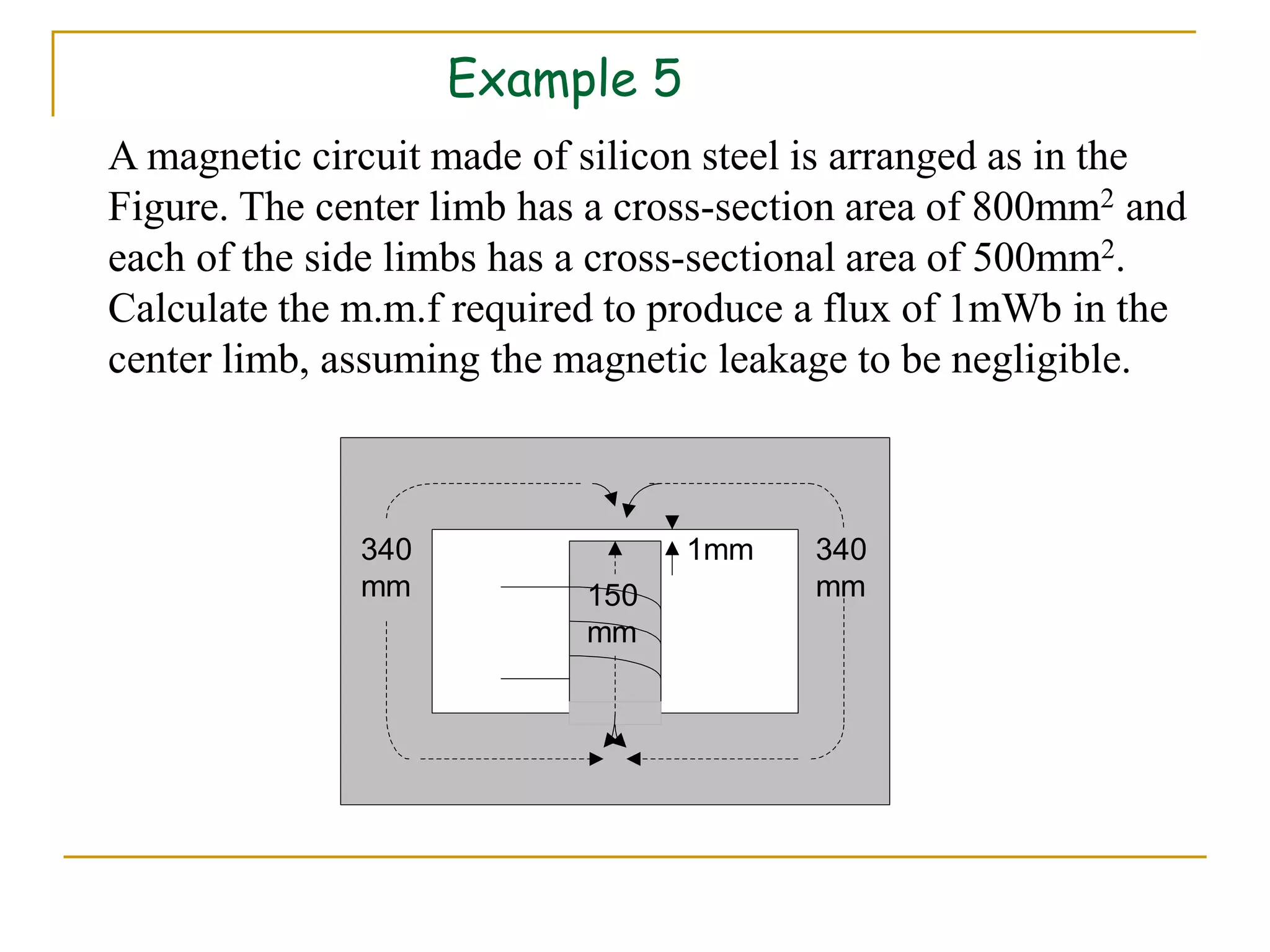 Example 5
340
mm
340
mm 150
mm
1mm
A magnetic circuit made of silicon steel is arranged as in the
Figure. The center limb has a cross-section area of 800mm2 and
each of the side limbs has a cross-sectional area of 500mm2.
Calculate the m.m.f required to produce a flux of 1mWb in the
center limb, assuming the magnetic leakage to be negligible.
 