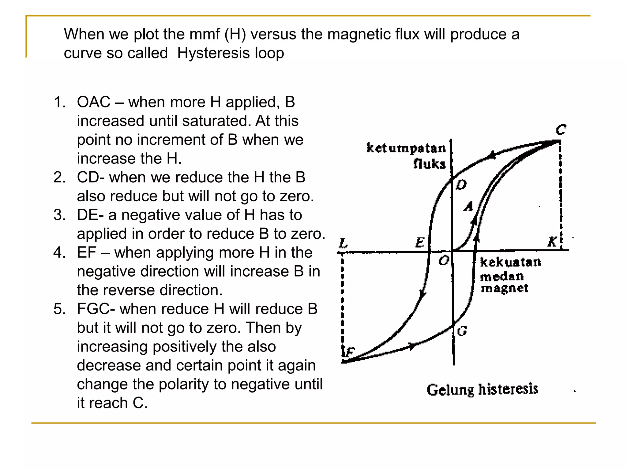 When we plot the mmf (H) versus the magnetic flux will produce a
curve so called Hysteresis loop
1. OAC – when more H applied, B
increased until saturated. At this
point no increment of B when we
increase the H.
2. CD- when we reduce the H the B
also reduce but will not go to zero.
3. DE- a negative value of H has to
applied in order to reduce B to zero.
4. EF – when applying more H in the
negative direction will increase B in
the reverse direction.
5. FGC- when reduce H will reduce B
but it will not go to zero. Then by
increasing positively the also
decrease and certain point it again
change the polarity to negative until
it reach C.
 