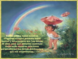 Ruego porque todos nosotros tengamos siempre presente estos puntos y los principios que hay detrás de ellos, para que podamos continuar mejorando nuestras relaciones personales con los demás dondequiera que nos encontremos.. 