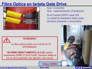 Mayo 2009Curso de Mantención Camiones
Fibra Optica en tarjeta Gate Drive
Azul: Comando
Gris : realimentación (Feedback)
Si la Fuente GDPC está ON:
La señal de feedback debe estar
siempre presente y encendida.
!!CUIDADO!!
:
La fibra óptica emite una LUZ de ALTA
INTENSIDAD.
NO MIRE DIRECTAMENTE LA LUZ, podría
ocasionarle DAÑO A SUS OJOS. Siempre refleje la
luz en otra superficie, por ejemplo, sus manos
Video DEMO
 