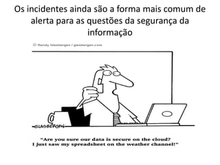 Os incidentes ainda são a forma mais comum de
alerta para as questões da segurança da
informação
 
