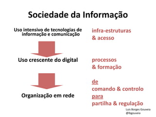 Sociedade da Informação
Uso intensivo de tecnologias de
informação e comunicação
Uso crescente do digital
Organização em rede
infra-estruturas
& acesso
processos
& formação
de
comando & controlo
para
partilha & regulação
Luis Borges Gouveia
@lbgouveia
 
