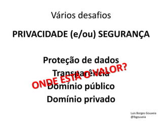 Vários desafios
PRIVACIDADE (e/ou) SEGURANÇA
Proteção de dados
Transparência
Domínio público
Domínio privado
Luis Borges Gouveia
@lbgouveia
 