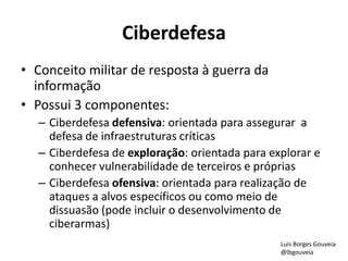 Ciberdefesa
• Conceito militar de resposta à guerra da
informação
• Possui 3 componentes:
– Ciberdefesa defensiva: orientada para assegurar a
defesa de infraestruturas críticas
– Ciberdefesa de exploração: orientada para explorar e
conhecer vulnerabilidade de terceiros e próprias
– Ciberdefesa ofensiva: orientada para realização de
ataques a alvos específicos ou como meio de
dissuasão (pode incluir o desenvolvimento de
ciberarmas)
Luis Borges Gouveia
@lbgouveia
 