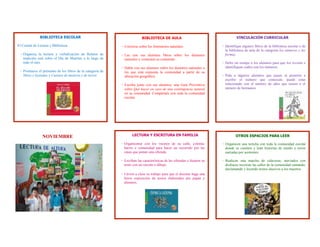 BIBLIOTECA ESCOLAR                                        BIBLIOTECA DE AULA                                        VINCULACIÓN CURRICULAR

El Comité de Lectura y Biblioteca:                         - Converse sobre los fenómenos naturales.                      - Identifique algunos libros de la biblioteca escolar o de
                                                                                                                            la biblioteca de aula de la categoría los números y las
 - Organiza la lectura y verbalización de Relatos de       - Lea con sus alumnos libros sobre los desastres                 formas.
   tradición oral sobre el Día de Muertos a lo largo de      naturales y comenten su contenido.
   todo el mes.                                                                                                           - Deles un tiempo a los alumnos para que los revisen e
                                                           - Hable con sus alumnos sobre los desastres naturales a          identifiquen cuáles son los números.
 - Promueve el préstamo de los libros de la categoría de     los que está expuesta la comunidad a partir de su
   Mitos y leyendas y Cuentos de misterio y de terror.       ubicación geográfica.                                        - Pida a algunos alumnos que pasen al pizarrón a
                                                                                                                            escribir el número que conozcan, puede estar
                                                           - Escriba junto con sus alumnos, una Guía Preventiva             relacionado con el número de años que tienen o el
                                                             sobre Qué hacer en caso de una contingencia natural            número de hermanos.
                                                             en su comunidad. Compártala con toda la comunidad
                                                             escolar.




                NOVIEMBRE                                         LECTURA Y ESCRITURA EN FAMILIA                                   OTROS ESPACIOS PARA LEER

                                                           - Organícense con los vecinos de su calle, colonia,            - Organicen una tertulia con toda la comunidad escolar
                                                             barrio o comunidad para hacer un recorrido por las             donde se cuenten y lean historias de miedo y terror
                                                             casas que ponen una ofrenda.                                   narradas por asistentes.

                                                           - Escriban las características de las ofrendas e ilustren su   - Realicen una marcha de calaveras, ataviados con
                                                             texto con un recorte o dibujo.                                 disfraces recorran las calles de la comunidad cantando,
                                                                                                                            declamando y leyendo textos alusivos a los muertos.
                                                           - Lleven a clase su trabajo para que el docente haga una
                                                             breve exposición de textos elaborados por papás y
                                                             alumnos.
 