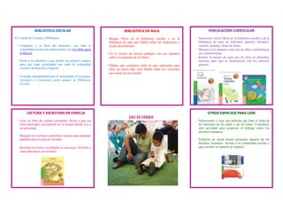 BIBLIOTECA ESCOLAR                                          BIBLIOTECA DE AULA                                    VINCULACIÓN CURRICULAR

El Comité de Lectura y Biblioteca:                            - Busque libros en la biblioteca escolar y en la          - Seleccione varios libros de la biblioteca escolar o de la
                                                                biblioteca de aula que hablen sobre las tradiciones y     biblioteca de aula de diferentes géneros literarios:
 - Comparte, a la hora del descanso, con toda la                fiestas decembrinas.                                      cuentos, poemas, obras de teatro.
   comunidad escolar los audiocuentos de Un sillón para                                                                 - Muestre a los alumnos cada uno de ellos e identifiquen
   el Rincón.                                                 - En el círculo de lectura platique con sus alumnos         sus características.
                                                                sobre el contenido de los libros.                       - Realice la lectura de cada uno de ellos en diferentes
 - Invita a los alumnos a que graben sus propios cuentos                                                                  sesiones para que se familiaricen con los diversos
   para que sean escuchados por toda la comunidad             - Pídales que comenten sobre lo que representa para         géneros.
   escolar a la hora del refrigerio.                            ellos un nuevo año. Que hablen sobre los recuerdos
                                                                que tienen de esas fechas.
 - Consulta permanentemente el documento Estrategias,
   Acciones y Conexiones para animar la Biblioteca
   Escolar.




         LECTURA Y ESCRITURA EN FAMILIA                                                                                          OTROS ESPACIOS PARA LEER
                                                                              DICIEMBRE
 - Lean un libro de cuentos navideños. Invite a que sus                                                                 - Seleccionen y vean una película que trate el tema de
   hijos participen activamente en la lectura dando voz a                                                                 los derechos de los niños y de las niñas. Consideren
   un personaje.                                                                                                          esta actividad para propiciar el diálogo sobre los
                                                                                                                          derechos humanos.
 - Busquen en revistas o periódicos recetas para preparar
   platillos para la cena de navidad.                                                                                   - Elaboren un mural donde presenten algunos de los
                                                                                                                          derechos humanos. Inviten a la comunidad escolar a
 - Recorten la receta o escríbanla en una hoja y llévenla a                                                               que escriban su opinión al respecto.
   clase para hacer un recetario.
 