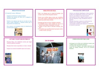  
 
DICIEMBRE
OTROS ESPACIOS PARA LEER
‐ Investiguen en los libros de la biblioteca escolar, aula
y pública sobre los Derechos Humanos.
A la hora del refrigerio, cada grupo representa, por
medio de estatuas humanas, uno de los derechos
humanos.
LECTURA Y ESCRITURA EN FAMILIA
- Busquen libros, de la biblioteca escolar que tengan
recetas de platillos navideños.
- Busquen más recetas en periódicos, revistas e Internet.
- Integren un recetario de platillos típicos de la época
VINCULACIÓN CURRICULAR
- Solicite a sus alumnos identifiquen el tema central de
un libro de la categoría de Ciencias de la salud. y el
deporte y que anoten en una hoja el mismo.
- Intercambien los libros y hagan el mismo ejercicio
para que identificar si hay coincidencias entre los
alumnos.
- Pida que relacionen, a partir de la reflexión de las
temáticas que se abordan, los alcances del
conocimiento científico para mejorar las condiciones
de vida de las personas.
BIBLIOTECA ESCOLAR
El Comité de Lectura y Biblioteca:
- Organiza un festival de cuentos de humor.
Presenta una muestra de libros de la categoría de
Narrativa de humor.
- Solicita a los alumnos que lean en voz alta un verso,
chiste, escena, fragmento o situación cómica que lo
haya hecho reír mientras leía.
- Da a conocer, en el periódico mural, los beneficios de
la sonrisa para la salud.
BIBLIOTECA DE AULA
- Pida a sus alumnos que se reúnan por parejas, que
escojan y lean un libro del género literario.
- Solicite que escriban alguna escena que consideran
que el autor omitió, la descripción que hizo falta o el
capítulo que debió haber incluido.
- Proponga que lean los textos y después comenten:
 ¿Consideran que el autor cometió un error al no
incluir lo que ustedes comentaron? ¿Por qué?
 ¿Desde el inicio tomó la decisión correcta? ¿Por
qué?
 ¿Consideran que sea difícil decidir qué partes incluir
y cuáles excluir? ¿Por qué?
 