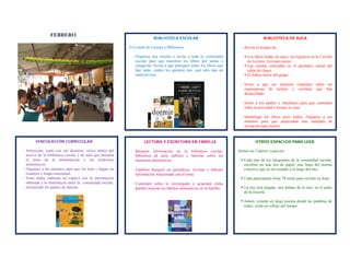  
 
FEBRERO
OTROS ESPACIOS PARA LEER
Armen un Cadáver exquisito:
 Cada uno de los integrantes de la comunidad escolar,
escribirá en una tira de papel, una línea del poema
colectivo que se irá creando a lo largo del mes.
 Cada participante tiene 70 letras para escribir su frase.
 La tira será pegada, una debajo de la otra, en el patio
de la escuela.
 Juntos, crearán un largo poema donde las palabras de
todos, serán un reflejo del tiempo.
LECTURA Y ESCRITURA EN FAMILIA
- Busquen información en la biblioteca escolar,
biblioteca de aula, pública y familiar sobre los
trastornos alimenticios.
- También busquen en periódicos, revistas e Internet
información relacionada con el tema.
- Comenten sobre lo investigado y acuerden cómo
pueden mejorar los hábitos alimenticios en la familia.
VINCULACIÓN CURRICULAR
- Seleccione, junto con sus alumnos, varios títulos del
acervo de la biblioteca escolar y de aula que aborden
el tema de la alimentación y los trastornos
alimenticios.
- Organice a los alumnos para que los lean y hagan un
resumen o mapa conceptual.
- Entre todos elaboran un tríptico con la información
obtenida y lo distribuyen entre la comunidad escolar,
incluyendo los padres de familia.
BIBLIOTECA ESCOLAR
El Comité de Lectura y Biblioteca:
- Organiza una tertulia e invita a toda la comunidad
escolar para que muestren los libros por temas o
categorías. Invita a que platiquen sobre los libros que
han leído, cuáles les gustaría leer, qué otro tipo de
material leen.
BIBLIOTECA DE AULA
- Revise el avance de:
 Los libros leídos en casa y los registros en la Cartilla
de Lectura: Leyendo juntos.
 Las reseñas colocadas en el periódico mural del
salón de clases.
 El Índice lector del grupo.
- Invite a que sus alumnos comenten sobre las
experiencias de lectura y escritura que han
desarrollado.
- Invite a los padres y familiares para que comenten
sobre la actividad e lectura en casa.
- Identifique los libros poco leídos. Organice a sus
alumnos para que emprendan una campaña de
invitación para leerlos.
 