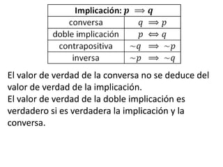 El valor de verdad de la conversa no se deduce del valor de verdad de la implicación.El valor de verdad de la doble implicación es verdadero si es verdadera la implicación y la conversa.