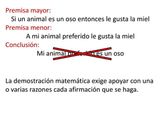 Premisa mayor:Si un animal es un oso entonces le gusta la mielPremisa menor:A mi animal preferido le gusta la mielConclusión:Mi animal preferido es un osoLa demostración matemática exige apoyar con una o varias razones cada afirmación que se haga.
