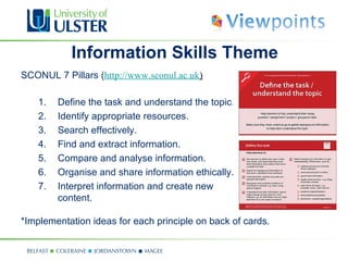 Information Skills Theme
SCONUL 7 Pillars (http://www.sconul.ac.uk)

    1.   Define the task and understand the topic.
    2.   Identify appropriate resources.
    3.   Search effectively.
    4.   Find and extract information.
    5.   Compare and analyse information.
    6.   Organise and share information ethically.
    7.   Interpret information and create new
         content.

*Implementation ideas for each principle on back of cards.
 
