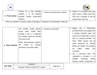 ICT ITS1
Version:01
Page No.25
Copyright: Ethiopia Federal TVET Agency
There are a number of common causes of damage to a computer or its components. These are:
2. Power cycling
Turning on a cold computer
subjects it to the greatest
possible internal temperature
variation.
 Same as for temperature variation  Power on a computer only once
daily if there is stable power line.
Don’t turn a computer on and off
several times every day.
3. Static electricity
This problem usually appears
during winter months when
humidity is low, or in extremely
dry climates where the humidity
is low year-round.
Some static-sensitivity problems
are caused by improper
grounding of computer power.
 Electronic components  Always use a three-prong,
grounded power cord plugged into
a properly grounded outlet. You
could use an outlet tester to check
that it is properly grounded, but
today, OH&S requires that all
power equipment be properly
tested and certified. This includes
the outlets, cables and
connectors.
 Use a grounded static mat
underneath a computer, or an
antistatic wrist-strap, before
touching internal components of
 