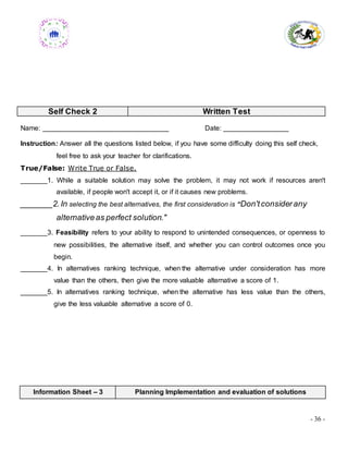 - 36 -
Self Check 2 Written Test
Name: _________________________________ Date: _________________
Instruction: Answer all the questions listed below, if you have some difficulty doing this self check,
feel free to ask your teacher for clarifications.
True/False: Write True or False.
_______1. While a suitable solution may solve the problem, it may not work if resources aren't
available, if people won't accept it, or if it causes new problems.
_______2. In selecting the best alternatives, the first consideration is “Don'tconsiderany
alternativeas perfect solution."
_______3. Feasibility refers to your ability to respond to unintended consequences, or openness to
new possibilities, the alternative itself, and whether you can control outcomes once you
begin.
_______4. In alternatives ranking technique, when the alternative under consideration has more
value than the others, then give the more valuable alternative a score of 1.
_______5. In alternatives ranking technique, when the alternative has less value than the others,
give the less valuable alternative a score of 0.
Information Sheet – 3 Planning Implementation and evaluation of solutions
 