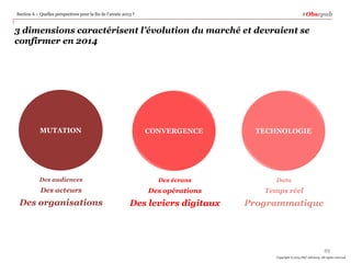 #Obsepub

Section 6 – Quelles perspectives pour la fin de l’année 2013 ?

3 dimensions caractérisent l’évolution du marché et devraient se
confirmer en 2014

MUTATION

CONVERGENCE

TECHNOLOGIE

Des audiences

Des écrans

Data

Des acteurs

Des opérations

Temps réel

Des organisations

Des leviers digitaux

Programmatique

49
Copyright © 2014 PwC Advisory. All rights reserved

 