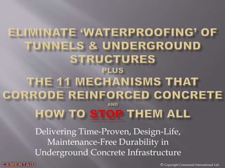 Delivering Time-Proven, Design-Life,
Maintenance-Free Durability in
Underground Concrete Infrastructure
© Copyright Cementaid International Ltd.
 