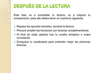 Esta fase va a consolidar tu lectura, va a mejorar tu
comprensión, para ello debes tener en cuenta lo siguiente:
 Repasa los apuntes tomados, durante la lectura.
 Procura ampliar las lecciones con lecturas complementarias.
 Al final de cada capitulo haz tu cuadro sinóptico o mapa
conceptual.
 Enriquece tu vocabulario para entender mejor las próximas
lecturas.
 