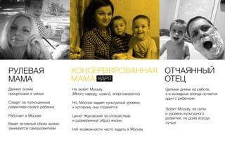 РУЛЕВАЯ
МАМА
Движет всеми
процессами в семье
Следит за полноценным
развитием своего ребенка
Работает в Москве
Ведет активный образ жизни,
занимается саморазвитием
Целыми днями на работе,
а в выходные иногда остается
один с ребенком
Любит Москву, ее ритм
и уровень культурного
развития, но дома всегда
лучше
ОТЧАЯННЫЙ
ОТЕЦ
Не любят Москву
(Много народу, шумно, энергозатратно)
Но, Москва задает культурный уровень
к которому они стремятся
Ценят Жуковский за спокойствие
и размеренный образ жизни
Нет возможности часто ездить в Москву
КОНСЕРВИРОВАННАЯ
МАМА ЯДРО
 