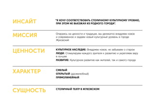 “Я ХОЧУ СООТВЕТСТВОВАТЬ СТОЛИЧНОМУ КУЛЬТУРНОМУ УРОВНЮ,
ПРИ ЭТОМ НЕ ВЫЕЗЖАЯ ИЗ РОДНОГО ГОРОДА”.
Опираясь на ценности и традиции, мы деликатно внедряем новое
и современное и задаем новый культурный уровень в городе
Жуковский
КУЛЬТУРНОЕ НАСЛЕДИЕ: Внедряем новое, не забываем о старом
ЛЮДИ: Стимулируем каждого зрителя к развитию и укрепляем веру
в лучшее
РАЗВИТИЕ: Культурное развитие как жителей, так и самого города
СМЕЛЫЙ
ОТКРЫТЫЙ (дружелюбный)
ПРЯМОЛИНЕЙНЫЙ
СТОЛИЧНЫЙ ТЕАТР В ЖУКОВСКОМ
ИНСАЙТ
МИССИЯ
ЦЕННОСТИ
ХАРАКТЕР
СУЩНОСТЬ
 