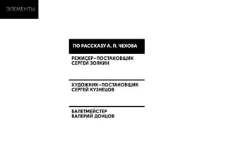 ЭЛЕМЕНТЫ
ПО РАССКАЗУ А. П. ЧЕХОВА
РЕЖИСЕР  –  ПОСТАНОВЩИК
СЕРГЕЙ ЗОЛКИН
ХУДОЖНИК  –  ПОСТАНОВЩИК
СЕРГЕЙ КУЗНЕЦОВ
БАЛЕТМЕЙСТЕР
ВАЛЕРИЙ ДОНЦОВ
 