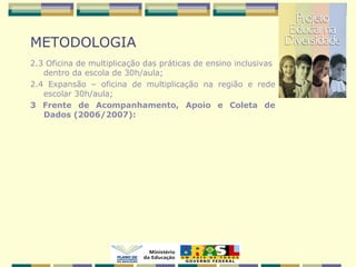 METODOLOGIA
2.3 Oficina de multiplicação das práticas de ensino inclusivas
dentro da escola de 30h/aula;
2.4 Expansão – oficina de multiplicação na região e rede
escolar 30h/aula;
3 Frente de Acompanhamento, Apoio e Coleta de
Dados (2006/2007):
 