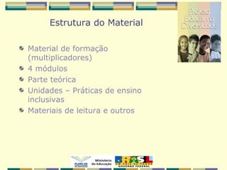 Estrutura do Material
Material de formação
(multiplicadores)
4 módulos
Parte teórica
Unidades – Práticas de ensino
inclusivas
Materiais de leitura e outros
 