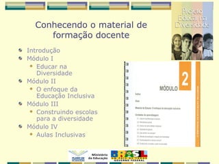 Conhecendo o material de
formação docente
Introdução
Módulo I
 Educar na
Diversidade
Módulo II
 O enfoque da
Educação Inclusiva
Módulo III
 Construindo escolas
para a diversidade
Módulo IV
 Aulas Inclusivas
 