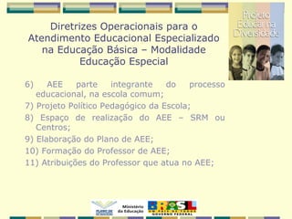 Diretrizes Operacionais para o
Atendimento Educacional Especializado
na Educação Básica – Modalidade
Educação Especial
6) AEE parte integrante do processo
educacional, na escola comum;
7) Projeto Político Pedagógico da Escola;
8) Espaço de realização do AEE – SRM ou
Centros;
9) Elaboração do Plano de AEE;
10) Formação do Professor de AEE;
11) Atribuições do Professor que atua no AEE;
 