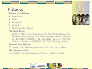 Histórico
Países envolvidos:
Argentina
Chile
Paraguai
Uruguai
Coordenação: Brasil
Primeira fase:
2000 a 2003, com financiamento pela Organização dos
Estados Americanos- OEA com assessoramento técnico
do Escritório Regional de Educação para a América
Latina e Caribe, da UNESCO (UNESCO/Santiago/Chile)
Escolas Envolvidas:
25 escolas distribuídas igualmente entre os cinco países.
Principal produto:
Material de Formação Docente Educar na Diversidade
 