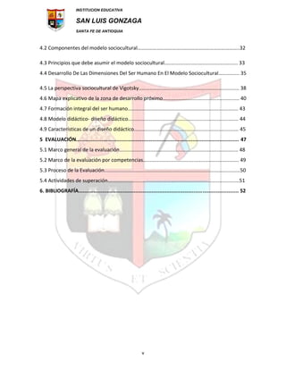INSTITUCION EDUCATIVA
SAN LUIS GONZAGA
SANTA FE DE ANTIOQUIA
v
4.2 Componentes del modelo sociocultural……………………………..……………………………………..32
4.3 Principios que debe asumir el modelo sociocultural.................................................... 33
4.4 Desarrollo De Las Dimensiones Del Ser Humano En El Modelo Sociocultural…............ 35
4.5 La perspectiva sociocultural de Vigotsky....................................................................... 38
4.6 Mapa explicativo de la zona de desarrollo próximo...................................................... 40
4.7 Formación integral del ser humano.............................................................................. 43
4.8 Modelo didáctico- diseño didáctico.............................................................................. 44
4.9 Características de un diseño didáctico.......................................................................... 45
5 EVALUACIÓN............................................................................................................. 47
5.1 Marco general de la evaluación.................................................................................... 48
5.2 Marco de la evaluación por competencias…................................................................. 49
5.3 Proceso de la Evaluación................................................................................................50
5.4 Actividades de superación.............................................................................................51
6. BIBLIOGRAFÍA........................................................................................................... 52
 