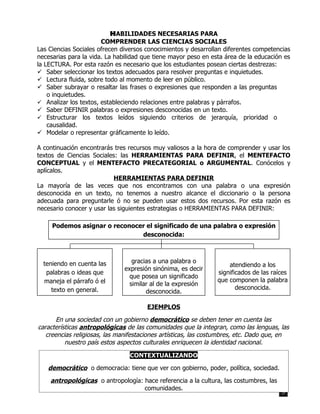 HABILIDADES NECESARIAS PARA
                       COMPRENDER LAS CIENCIAS SOCIALES
Las Ciencias Sociales ofrecen diversos conocimientos y desarrollan diferentes competencias
necesarias para la vida. La habilidad que tiene mayor peso en esta área de la educación es
la LECTURA. Por esta razón es necesario que los estudiantes posean ciertas destrezas:
 Saber seleccionar los textos adecuados para resolver preguntas e inquietudes.
 Lectura fluida, sobre todo al momento de leer en público.
 Saber subrayar o resaltar las frases o expresiones que responden a las preguntas
    o inquietudes.
 Analizar los textos, estableciendo relaciones entre palabras y párrafos.
 Saber DEFINIR palabras o expresiones desconocidas en un texto.
 Estructurar los textos leídos siguiendo criterios de jerarquía, prioridad o
    causalidad.
 Modelar o representar gráficamente lo leído.

A continuación encontrarás tres recursos muy valiosos a la hora de comprender y usar los
textos de Ciencias Sociales: las HERRAMIENTAS PARA DEFINIR, el MENTEFACTO
CONCEPTUAL y el MENTEFACTO PRECATEGORIAL o ARGUMENTAL. Conócelos y
aplícalos.
                           HERRAMIENTAS PARA DEFINIR
La mayoría de las veces que nos encontramos con una palabra o una expresión
desconocida en un texto, no tenemos a nuestro alcance el diccionario o la persona
adecuada para preguntarle ó no se pueden usar estos dos recursos. Por esta razón es
necesario conocer y usar las siguientes estrategias o HERRAMIENTAS PARA DEFINIR:

     Podemos asignar o reconocer el significado de una palabra o expresión
                               desconocida:


 CONTEXTUALIZANDO                  SINONIMIZANDO
                                                                      RADICANDO
  teniendo en cuenta las          gracias a una palabra o
                                                                    atendiendo a los
                               expresión sinónima, es decir
   palabras o ideas que                                         significados de las raíces
                                 que posea un significado
  maneja el párrafo ó el                                        que componen la palabra
                                 similar al de la expresión
     texto en general.                                                 desconocida.
                                       desconocida.

                                       EJEMPLOS

       En una sociedad con un gobierno democrático se deben tener en cuenta las
características antropológicas de las comunidades que la integran, como las lenguas, las
   creencias religiosas, las manifestaciones artísticas, las costumbres, etc. Dado que, en
          nuestro país estos aspectos culturales enriquecen la identidad nacional.

                                CONTEXTUALIZANDO

   democrático o democracia: tiene que ver con gobierno, poder, política, sociedad.
    antropológicas o antropología: hace referencia a la cultura, las costumbres, las
                                   comunidades.
                                                                                       5
 