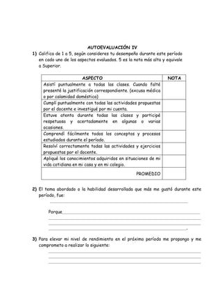 AUTOEVALUACIÓN IV
1) Califica de 1 a 5, según consideres tu desempeño durante este período
   en cado uno de los aspectos evaluados. 5 es la nota más alta y equivale
   a Superior.

                         ASPECTO                                  NOTA
     Asistí puntualmente a todas las clases. Cuando falté
     presenté la justificación correspondiente. (excusa médica
     o por calamidad doméstica)
     Cumplí puntualmente con todas las actividades propuestas
     por el docente e investigué por mi cuenta.
     Estuve atenta durante todas las clases y participé
     respetuosa y acertadamente en algunas o varias
     ocasiones.
     Comprendí fácilmente todos los conceptos y procesos
     estudiados durante el período.
     Resolví correctamente todas las actividades y ejercicios
     propuestas por el docente.
     Apliqué los conocimientos adquiridos en situaciones de mi
     vida cotidiana en mi casa y en mi colegio.

                                                   PROMEDIO


2) El tema abordado o la habilidad desarrollada que más me gustó durante este
   período, fue:
        __________________________________________________________

        Porque__________________________________________________________
        ________________________________________________________________
        ________________________________________________________________
        __________________________________________________________.

3) Para elevar mi nivel de rendimiento en el próximo período me propongo y me
   comprometo a realizar lo siguiente:
       ________________________________________________________________
       ________________________________________________________________
       ________________________________________________________________
 