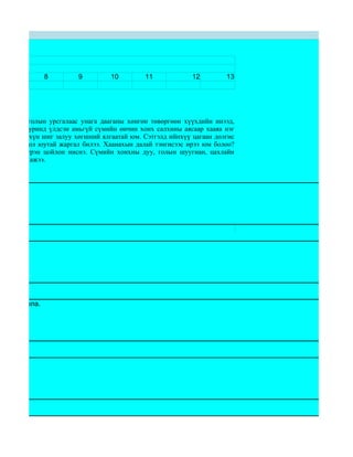 ТЕСТ

н хуудас
               8         9         10        11             12        13




 о цэнгэг голын урсгалаас унага дааганы хөнгөн төвөргөөн хүүхдийн инээд,
 рээний тууринд үлдсэн амьгүй сүмийн өнчин хонх салхины аясаар хааяа нэг
ол хүртэл хүн шиг залуу хөгшний ялгаатай юм. Сэтгэлд ийнхүү цагаан долгис
йдаг сан бол юутай жаргал билээ. Хаанахын далай тэнгисээс ирээ юм болоо?
гисыг шүүрэн цойлон ниснэ. Сүмийн хонхны дуу, голын шуугиан, цахлайн
 д уриалах ажээ.




г тайлбарла.
 