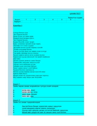 ЦАХИМ ТЕСТ

                                                                      Хариултын хуудас
 Асуулт        1           2          3          4        5             6              7
 Хариулт

Хувилбар-3



Алчуур боосон хуур
Эмээ бурхан боллоо
Налж суудаг уул минь нурж
Намрын нуур ангираа гүвлээ.
Эмээ бурхан боллоо.
Буурал бүүвэйн эгшиг тасарч
Буруу хатавчинд өрхний оосор ээдрэв.
Эгшгийн гэгээ татах хуурын
Эрдэнийн ногоон халзан морины толгойг
Эгчийн алчуураар боолоо.
Тэвхэн дээгүүр урсах хос мөрөн утсан дээгүүр
Тэнгэрийн заадсаар хиллэн татахад
Халуун шаргал аялгуу асгах хуурын нүдэнд
Харууслын сүүдэр унагахгүй гэж манай говийнхон
Дор хаяад
Долоон долоон дөчин ес хоног боодог.
Хорвоогийн гашууныг амсаа нь үгүй
Хонгор гэнэн аашиндаа согтож
Хоймроо асан тонгочиж байгаад
Хоног хураах яагаа ч үгүй байхад
Хуурын боолтыг унагахад нь
Ногоон халзан морины цагаан хөлхтэй зовхи
Нойтон байж билээ.
Шүүрс алдам энэ дурдатгалын хуруудыг мэрэхэд
Шүд заншил хоёр эмтрэх шиг болдгийм



Асуулт 1
Эхийн төрсөн санааг илэрхийлсэн тулгуур үгсийг олоорой.

a.         ангир, өрх, хоног
b.         оосор, аялгуу, гэгээ
c.         эмээ, хуур, заншил
d.         эмээ, өрх, шүд

Асуулт 2
Эхийн гол санааг тодорхойлоорой.

a.         Амьтай бүхэн бөхдөг хорвоогийн жамыг харуулсан
b.         хүний амьдралд жаргал зовлон ээлжилдэг.
c.         Хүүхэд гэдэг ариухан цагаан сэтгэлтэй байдгийг харуулсан
d.         Миний өвөг дээдэстэй хамт ёс заншил минь үгүй боллоо
 