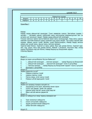 ЦАХИМ ТЕСТ

                                        Хариултын хуудас
     Асуулт     1     2      3     4     5     6      7       8     9     10
     Хариулт    d     a      c     a     a

Хувилбар-1



Намар
Намар надад аймшигтай санагддаг. Гуниг нөмөрсөн хүмүүс. Бөгтийсөн гудамж. Надаас таса
хөглөрч ... хөглөрөх навчис хүмүүсийн хөлд гишгэгдэхэд доромжлуулсан мэт санагддаг. Сан
исгэрэх шиг жихүүцэл төрдөг. Намар надад аймшигтай санагддаг.
Гинших навчсын чимээ гэртээ байхгүй эмээг минь санагдуулдаг. Харц минь шарлаж, хагдарч сэ
хамгийн сүүлчийн бээрсэн шувуу цээжний гүнд үүрээ засдаг. Тэр шувуу надтай хамт даарч, тэр ш
хурааж, зөвхөн насны тухай, өвлийн тухай бодлогоширно. Намар надад эмгэнэлтэй санагдд
шивих шиг зүсийг минь, арьсыг минь гэмтээж орхидог.
Удахгүй өвөл болно. Удахгүй үс минь цайна. Бүр цав цагаан болно. Удахгүй зүрх даарч, амьс
хөл, нүд, уруул, бүгд цав цагаан болно. Хөмсөг ч ялгаагүй. Гишгэсэн мөр, инээд минь хүртэ
хүмүүс бүгдээрээ над шиг болно. Намар бидэнд юу бэлдсэнийг хараач.
Х.Болор-Эрдэнэ


Асуулт 1
Дээрх эх хэдэн цогцолбороос бүтсэн байна вэ?
a.    “... аймшигтай санагддаг, …гэмтээж орхидог, … намар бидэнд юу бэлдсэнийг хараач” гэсэ
b.    “... аймшигтай санагддаг, … эмгэнэлтэй санагддаг” гэсэн 2 цогцолбор
c.    “... гэмтээж орхидог, … намар бидэнд юу бэлдсэнийг хараач” гэсэн 2 цогцолбор
d.    Бүхэлдээ 1 цогцолбор
Асуулт 2
Эхийн сэдэв аль нь вэ?
a.    Намрын улирлын тухай
b.    намрын навчны тухай
c.    Насны хяруу, өтөл насны тухай
d.    Намрын уйтай өдрүүдийн тухай

Асуулт 3
Эхийн гол санаанд тохирох хэлцийг ол.
a.     Уруудахад унтах идэх, өөдлөхөд санах сэрэх
b.     Уулыг цас дардаг, эрийг нас дардаг
c.     Цаасан дээр нэртэй, цасан дээр мөртэй
d.     Мөнх настай мөнгөн дөрөөтэй
Асуулт 4
Дээрх эх найруулгын ямар төрөлд хамаарах вэ?

a.      Уран зохиолын найруулга
b.      сонин сэтгүүлийн найруулга
c.      эрдэм шинжилгээний найруулга
d.      албан бичгийн найруулга

Асуулт 5
 