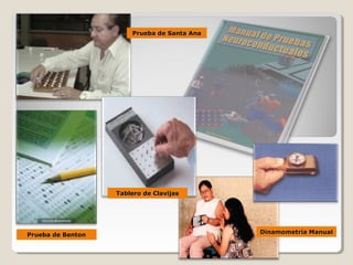 Prueba de BentonPrueba de Benton
Prueba de Santa AnaPrueba de Santa Ana
Dinamometría ManualDinamometría Manual
Tablero de ClavijasTablero de Clavijas
 